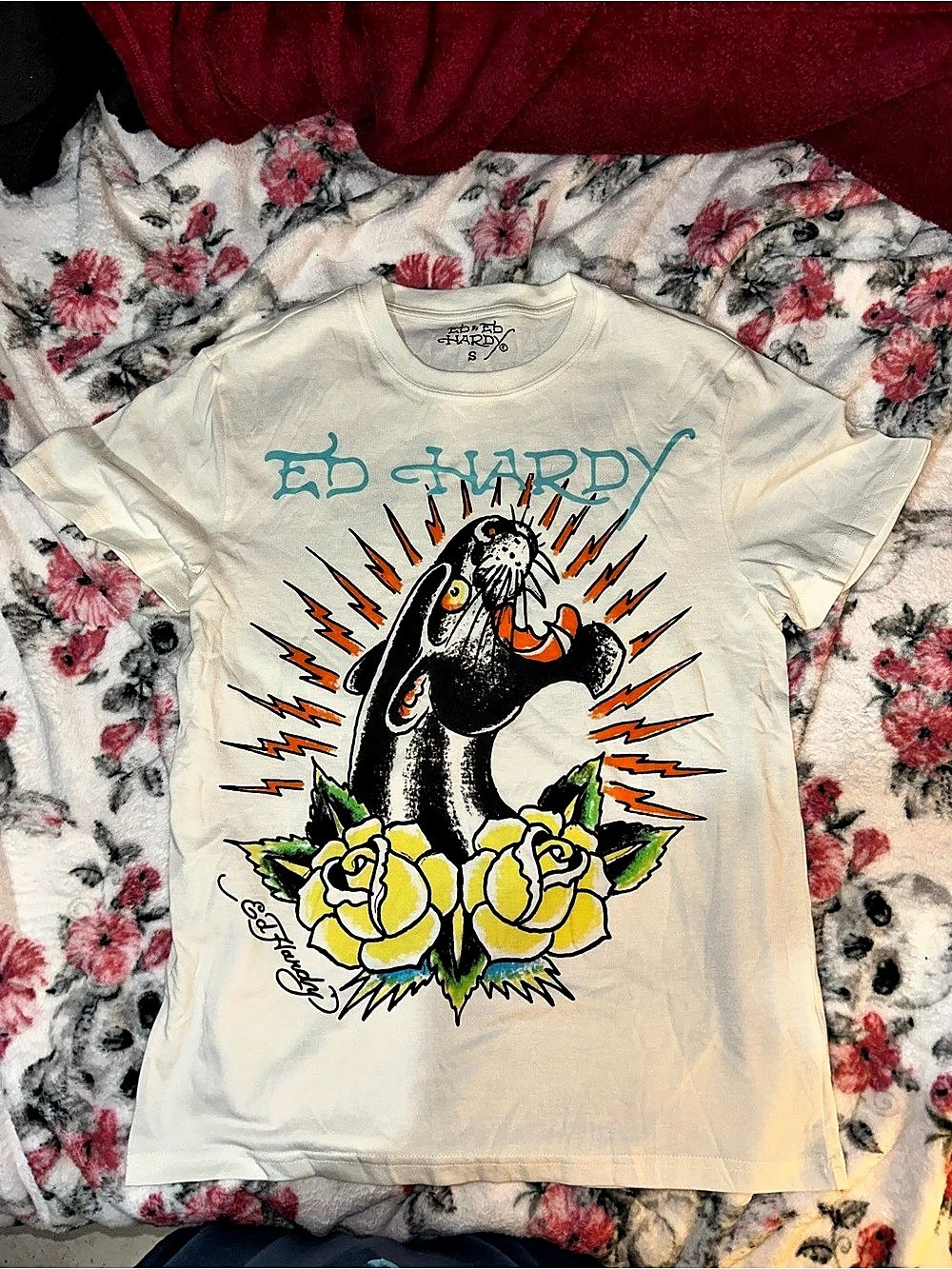 Ed Hardy Panther Roses T-Shirt Graphic Tee in White
